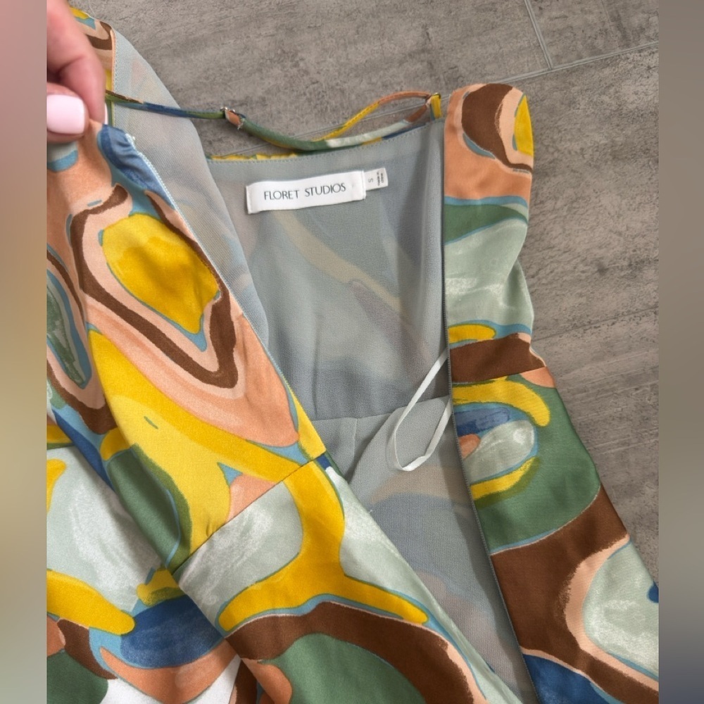 FLORET STUDIOS Printed Tie Front Satin Maxi Dress in Yellow Multi Swirl Size S - Picture 8 of 15